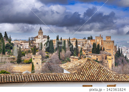 Ancient towers of Alhambra seen from lush Generalife gardens in Granada, Spain. Soft natural light under cloudy overcast sky 142361824