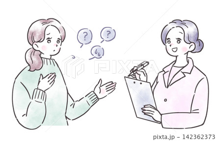 悩みを話す不安げな表情の女性と、メモをとりながら話を聞く笑顔の白衣の女性のイラスト 142362373