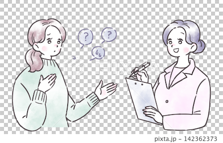 悩みを話す不安げな表情の女性と、メモをとりながら話を聞く笑顔の白衣の女性のイラスト 142362373