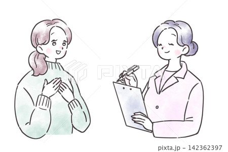 胸に手を当てほっとした表情の女性と、メモをとりながら話を聞く笑顔の白衣の女性のイラスト 胸に手を当てほっとした表情の女性と、メモをとりながら話を聞く笑顔の白衣の女性のイラスト 142362397