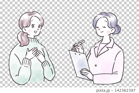 胸に手を当てほっとした表情の女性と、メモをとりながら話を聞く笑顔の白衣の女性のイラスト 胸に手を当てほっとした表情の女性と、メモをとりながら話を聞く笑顔の白衣の女性のイラスト 142362397