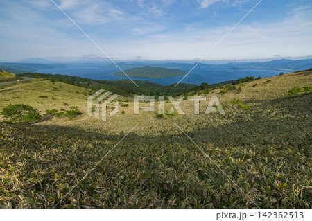 日本　北海道美幌町の美幌峠展望台から望む初夏の屈斜路湖と中島 142362513