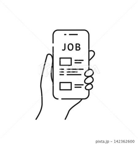 スマホで求人票を検索する線画のベクターイラスト(仕事探し・転職活動・採用情報)線画・モノクロ スマホで求人票を検索する線画のベクターイラスト(仕事探し・転職活動・採用情報)線画・モノクロ 142362600