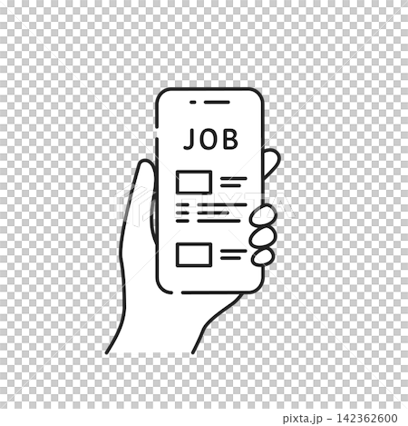 スマホで求人票を検索する線画のベクターイラスト(仕事探し・転職活動・採用情報)線画・モノクロ スマホで求人票を検索する線画のベクターイラスト(仕事探し・転職活動・採用情報)線画・モノクロ 142362600