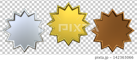 Gold, Silver, and Bronze Star-Shaped Ranking Badge Set (3D Metallic Material) Gold, Silver, and Bronze Star-Shaped Ranking Badge Set (3D Metallic Material) 142363066