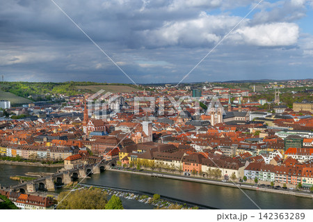 Panoramic view of historical center of Wurzburg from Marienberg Fortress Germany. Scenic old town cityscape under partly cloudy sky 142363289