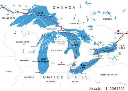 Great Lakes, group of lakes in North America, political map. Lake Superior, Michigan, Huron, Erie, and Ontario. Interconnected freshwater lakes, spanning the border of Canada and United States. Vector Great Lakes, group of lakes in North America, political map. Lake Superior, Michigan, Huron, Erie, and Ontario. Interconnected freshwater lakes, spanning the border of Canada and United States. Vector 142363702