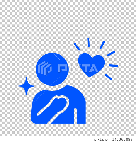 A pictogram (blue) of a person placing their hand on their chest with gratitude or sincerity. A pictogram (blue) of a person placing their hand on their chest with gratitude or sincerity. 142363885