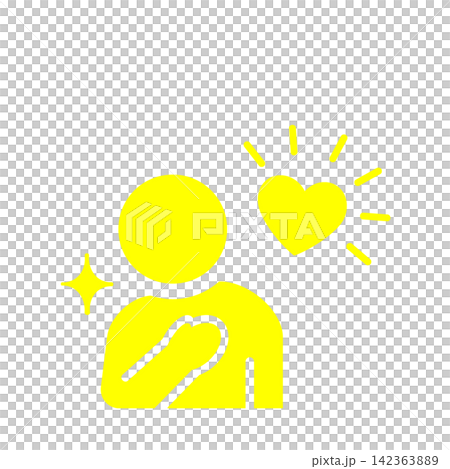 A pictogram (yellow) of a person placing their hand on their chest with gratitude or sincerity. A pictogram (yellow) of a person placing their hand on their chest with gratitude or sincerity. 142363889