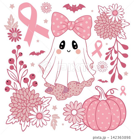 Pink Ghost and Elements Set for Breast Cancer Awareness and Halloween. Pink Ghost and Elements Set for Breast Cancer Awareness and Halloween. 142363898
