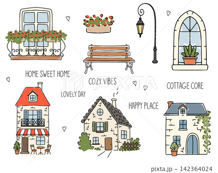 Hand drawn european town houses elements set Hand drawn european town houses elements set 142364024