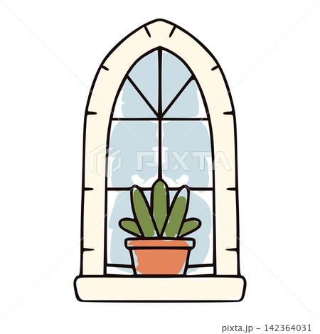 Arched window holding a potted plant for home decoration Arched window holding a potted plant for home decoration 142364031