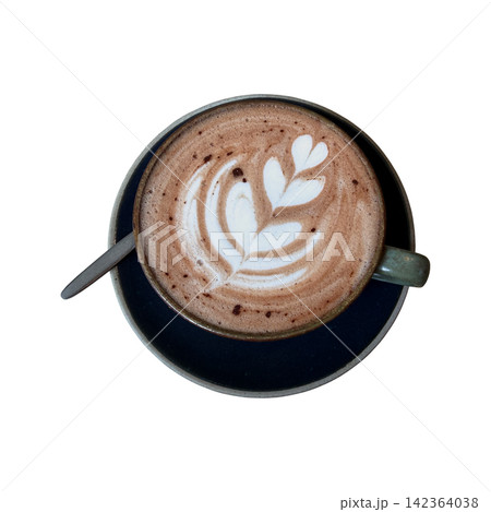 Cup of hot drink Cappuccino or coffee with whipped cream or milk and cute ornament, top view of white cup, saucer and spoon isolated cutout object clipping path, soft focus Cup of hot drink Cappuccino or coffee with whipped cream or milk and cute ornament, top view of white cup, saucer and spoon isolated cutout object clipping path, soft focus 142364038