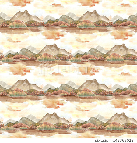 Watercolor autumn mountain landscape seamless pattern in earthy tones. Hand painted hills with fall trees and sunset sky. Nature scene repeat beige background for fabric, wallpaper and textile print. 142365028