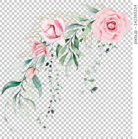 Floral bouquet with watercolor pink roses and green leaves, illustration for wedding stationery Floral bouquet with watercolor pink roses and green leaves, illustration for wedding stationery 142365254