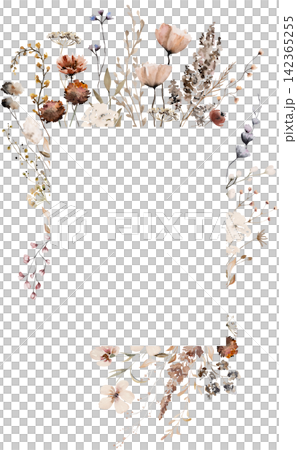 Floral frame made with watercolor brown wildflowers and leaves, autumn wedding illustration Floral frame made with watercolor brown wildflowers and leaves, autumn wedding illustration 142365255