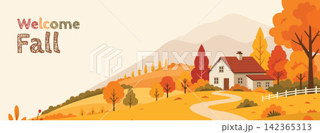 Welcome Fall Autumn Countryside Landscape Wide Banner Welcome Fall Autumn Countryside Landscape Wide Banner 142365313