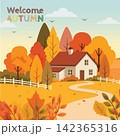 Welcome Autumn Rural Farmhouse Winding Path Flat Vector Illustration 142365316