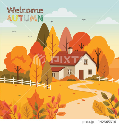 Welcome Autumn Rural Farmhouse Winding Path Flat Vector Illustration Welcome Autumn Rural Farmhouse Winding Path Flat Vector Illustration 142365316