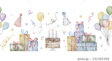 Festive watercolor birthday pattern, vibrant celebration border with gifts, balloons, cakes, and confetti, perfect for party invitations and wrapping paper. 142365398