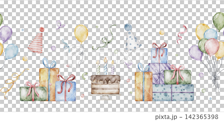 Festive watercolor birthday pattern, vibrant celebration border with gifts, balloons, cakes, and confetti, perfect for party invitations and wrapping paper. 142365398