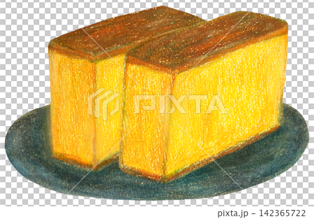 An illustration of castella cake served on a plate, painted in oil pastel. An illustration of castella cake served on a plate, painted in oil pastel. 142365722