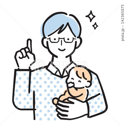 赤ちゃんを抱っこして指をさす男性・パパ【シンプル】 142365875