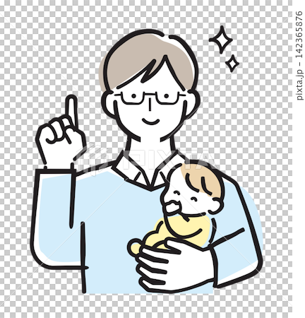 赤ちゃんを抱っこして指をさす男性・パパ【パステルカラー】 142365876