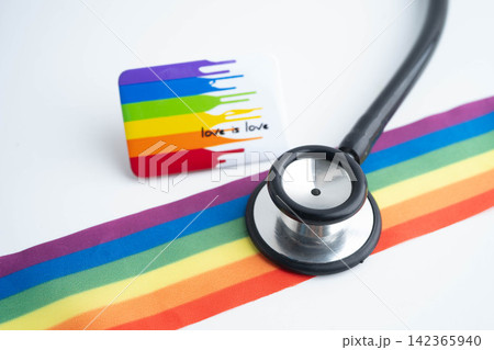 Stethoscope on LGBT rainbow flag, rights and gender equality. 142365940