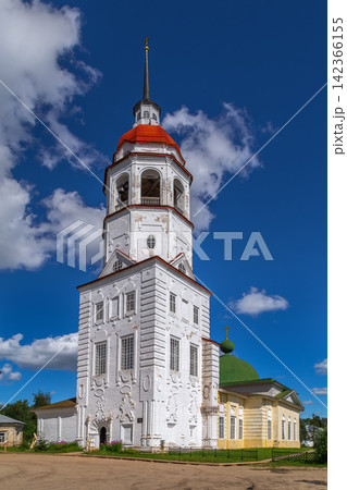 Bell tower of Church of the Assumption in Totma, Russia, scenic view. Historic classical architecture landmark Bell tower of Church of the Assumption in Totma, Russia, scenic view. Historic classical architecture landmark 142366155
