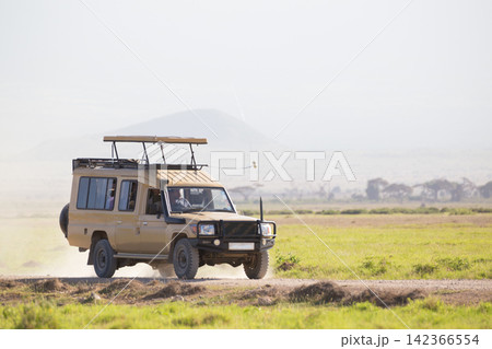 A beige 4x4 safari truck with a raised pop-up roof driving along a dirt road through the open grassy savanna plains of an African national park during a game drive excursion. 142366554