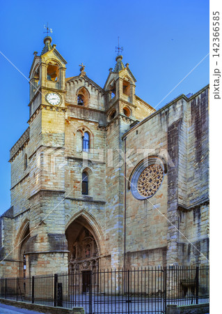 San Vicente Church facade in San Sebastian, Spain. Low angle exterior view. Gothic style San Vicente Church facade in San Sebastian, Spain. Low angle exterior view. Gothic style 142366585