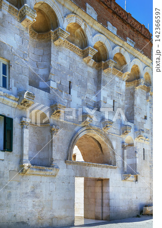 Golden Gate ancient roman gate in Split Croatia front view. Stone walls under bright sunlight 142366597