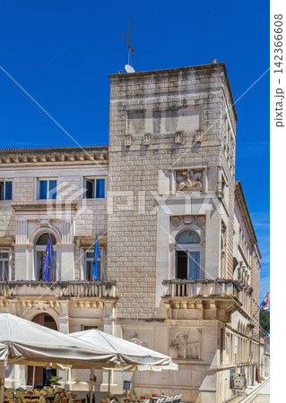 Town Hall in Zadar Croatia low angle view. Eclectic historicist architecture under sunny sky Town Hall in Zadar Croatia low angle view. Eclectic historicist architecture under sunny sky 142366608