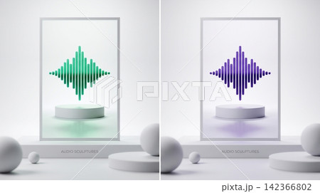 Abstract sound waveforms floating above minimalist platforms in bright gallery Abstract sound waveforms floating above minimalist platforms in bright gallery 142366802
