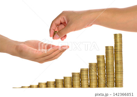 hand of a rich people giving some gold coins to another person hand in white background above the golden coins stacking in a s shape of growth up graph in white background 142366851