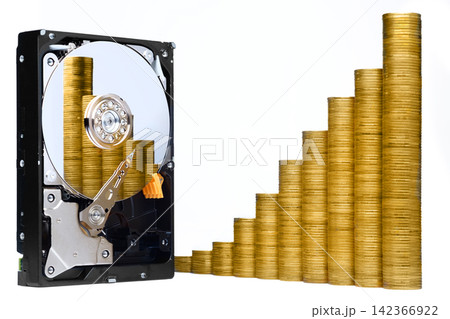 naked harddisk show internal disc with reflections on white background with stacked coins in business growing shape represent about e-business, blockchain and cryptocurrency with clipping path naked harddisk show internal disc with reflections on white background with stacked coins in business growing shape represent about e-business, blockchain and cryptocurrency with clipping path 142366922