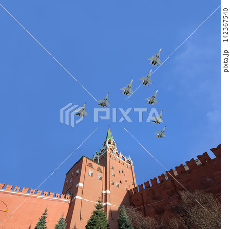 Moscow Kremlin, Russia -- Victory Day celebration (WWII), and Russian military aircraft, Russia Moscow Kremlin, Russia -- Victory Day celebration (WWII), and Russian military aircraft, Russia 142367540
