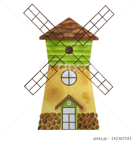 Tiny green and yellow windmill. Grinders. Watercolor illustration in children's style on white background. Cartoon style. Prints for children's dishes, toys, clothes, books, games, wall stickers 142367581