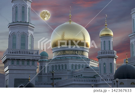 Moscow Cathedral Mosque, with the super moon, Russia -- the main mosque in Moscow, new landmark Moscow Cathedral Mosque, with the super moon, Russia -- the main mosque in Moscow, new landmark 142367633