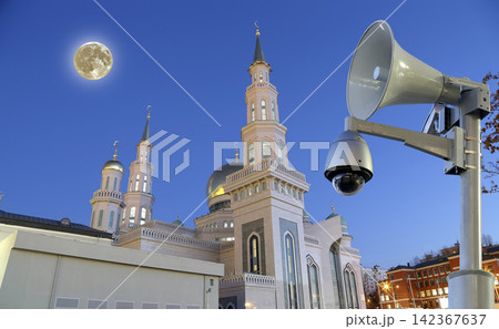Moscow Cathedral Mosque, with the super moon, Russia -- the main mosque in Moscow, new landmark Moscow Cathedral Mosque, with the super moon, Russia -- the main mosque in Moscow, new landmark 142367637