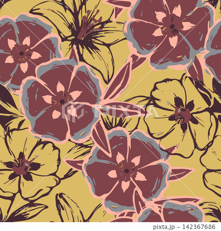 Seamless floral pattern with hand drawn Cistus rockrose flowers, artistic brush strokes, leaves, and vintage botanical elements for textile and paper. Seamless floral pattern with hand drawn Cistus rockrose flowers, artistic brush strokes, leaves, and vintage botanical elements for textile and paper. 142367686