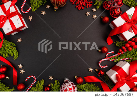 Christmas Flat Lay with Gift Boxes, Red Ornaments Christmas Flat Lay with Gift Boxes, Red Ornaments 142367687