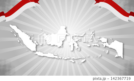 Indonesia Map 3D Background with Wavy Flag Ribbon and Sunburst.Vector Illustration 142367719