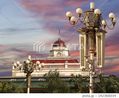 Historic building and street lamp in the center of Beijing (against the sunset) near the Tiananmen Square, China 142368034