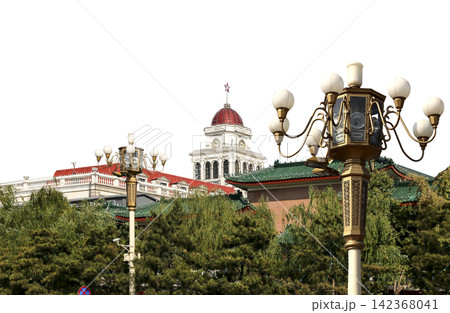 Historic building and street lamp in the center of Beijing (carved, on white background) near the Tiananmen Square, China Historic building and street lamp in the center of Beijing (carved, on white background) near the Tiananmen Square, China 142368041