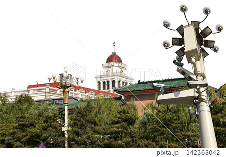 Historic building and street lamp in the center of Beijing (carved, on white background) near the Tiananmen Square, China 142368042