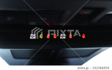 Icons of activated seat belt sensors inside a seven seater vehicle. Car safety driving and passengers care Icons of activated seat belt sensors inside a seven seater vehicle. Car safety driving and passengers care 142368859