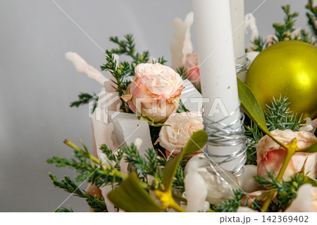 Christmas composition of flowers and Christmas decorations Christmas composition of flowers and Christmas decorations 142369402