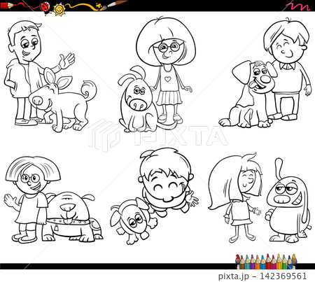 cartoon kids and their pups pet characters set coloring page cartoon kids and their pups pet characters set coloring page 142369561